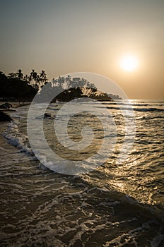 Beautiful Bureh Beach during sunset with silhouettes of palms and surfers, Sierra Leone, Africa