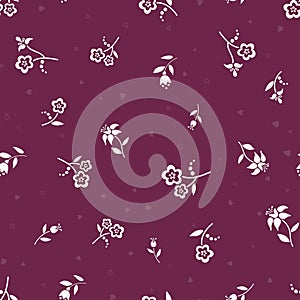 Beautiful burgundy seamless floral pattern, white flowers on dark background, ditsy style, folk flowers, great for spring or