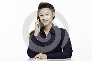 Beautiful business Asian woman wearing blue shirt smile talking in smartphone to get ideas and business plan