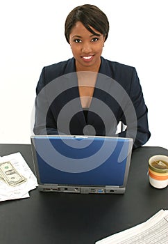 Beautiful Business Woman with Bills and Cup of Tea