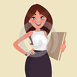 Beautiful business woman with a folder in her hands. Vector illustration
