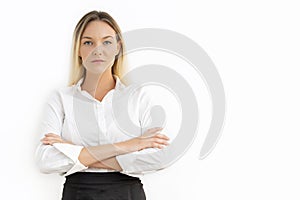 Beautiful business woman looking at camera with white background