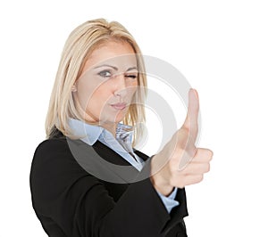 Beautiful business woman making a gun gesture