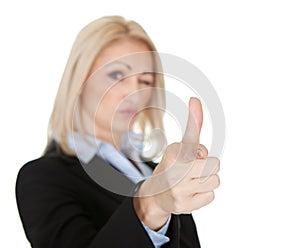 Beautiful business woman making a gun gesture