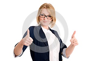 Beautiful business woman making a gun gesture