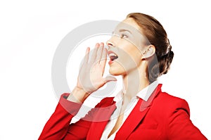 Beautiful business woman making silence sign over white background