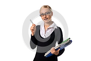 Beautiful business woman with pen and documents wonder