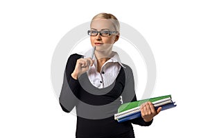 Beautiful business woman with pen and documents wonder