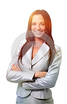 Beautiful business woman smiling isolated over a white