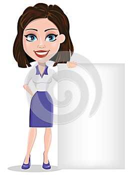 Beautiful business woman standing near blank placard. Businesswoman in formal wear standing straight