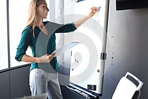 Beautiful business woman is standing near flipchart and examining information at it