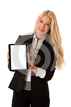 beautiful business woman working on tablet computer isolated over white