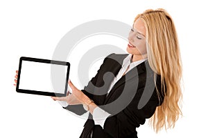 beautiful business woman working on tablet computer isolated over white