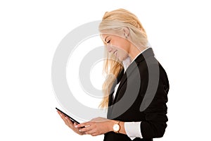 beautiful business woman working on tablet computer isolated over white