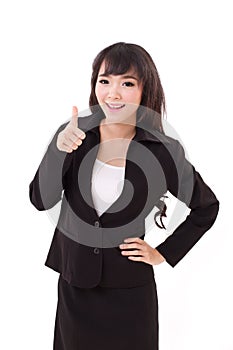 Beautiful businesswoman giving, showing thumb up hand gesture
