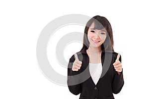 Beautiful businesswoman giving, showing two thumbs up