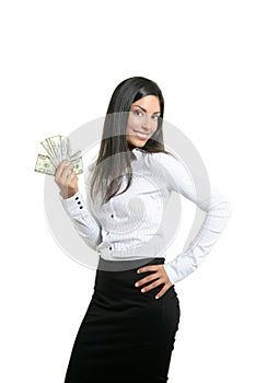 Beautiful businesswoman holding Dollar notes