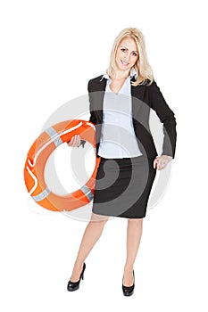 Beautiful businesswoman with life buoy