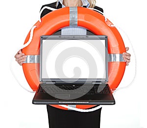 Beautiful businesswoman with life buoy