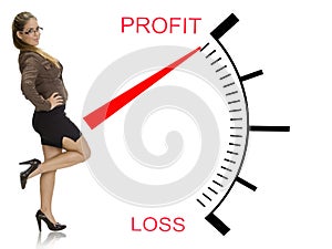 Beautiful businesswoman near profit loss meter