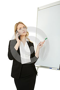 A beautiful businesswoman next to the whiteboard.