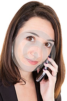 Beautiful businesswoman portrait having telephonic conversation with client talking on mobile phone