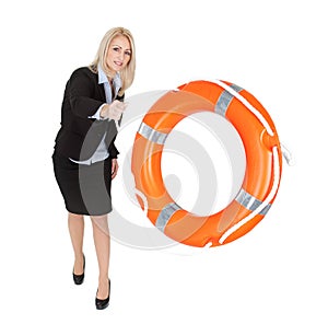 Beautiful businesswoman throwing life buoy