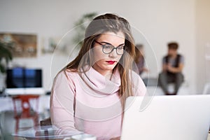 Beautiful businesswoman working on new project with colleagues in a startup company office. Working in co-working space.