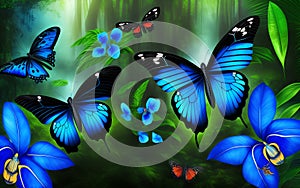 Beautiful butterflies and blue flowers in the rainforest. Generative Al Illustration