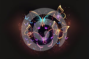 Beautiful butterflies on dark background. Fantasy illustration. Generative AI