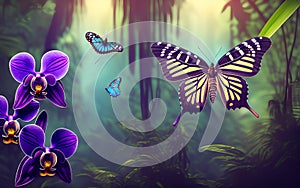 Beautiful butterflies and purple orchid in the rainforest .Generative Al Illustration