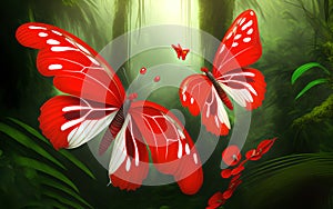 Beautiful butterflies and red orchid in the rainforest. Generative Al Illustration