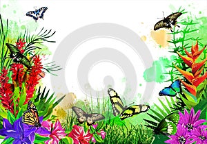 Beautiful butterflies with tropical flowers on colorful drops of paint.