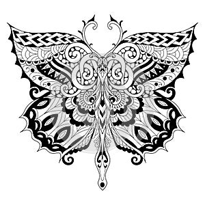 Beautiful butterfly for adult coloring book, coloring page, print on t shirt or other products. Vector illustration