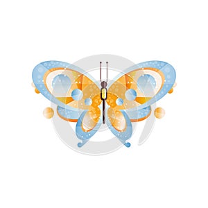 Beautiful butterfly with blue and orange wings. Entomology theme. Original icon with gradients and texture. Flat vector