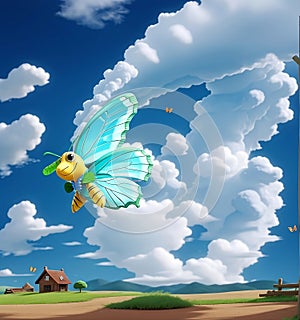 Beautiful butterfly and blue sky with clouds. Cloud shaped butterfly. Butterflies Day March 14