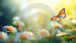 Beautiful butterfly close-up on a daisy flower in nature. Spring and summer background. AI-generated content.