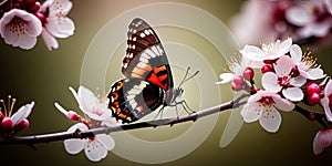 Beautiful butterfly on a flowering branch of a fruit tree.