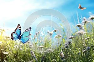 Beautiful butterfly on green meadow and blue sky. Nature background