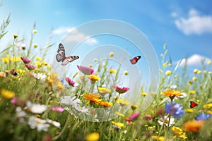 Beautiful butterfly on green meadow and blue sky. Nature background