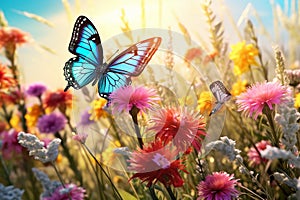 Beautiful butterfly on green meadow and blue sky. Nature background