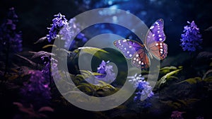 beautiful butterfly hovering over violets flower generative AI