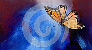 Beautiful butterfly injured with bandaid bandage graphic blue abstract background