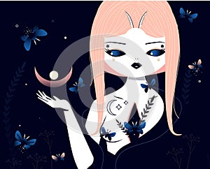 Beautiful with with butterfly and moth in starry moon night. Mystic illistration of magician female