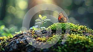 a beautiful butterfly sits on selenium moss in the forest next to a tree sprout, Biodiversity Day, banner