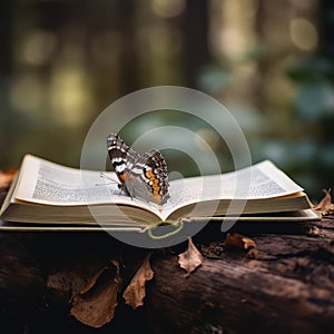 Beautiful butterfly sitting on light pages in opened old book lying on dark wooden log, forest nature background