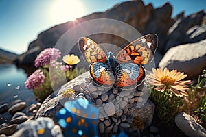 Beautiful butterfly surrounded by flowers side on rock and river background. Generative Ai