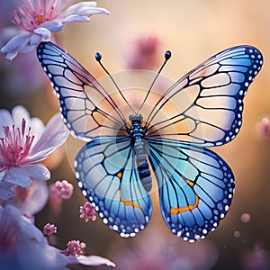 Beautiful butterfly with transparent wings and blue border hovers over blooming garden