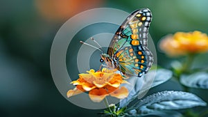beautiful butterfly on a yellow flower in the forest on a blurred background, Day for Biological Diversity, banner