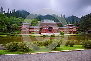 Beautiful Byodo-In Temple with the Koolau mountains in the Valley of the Temples on Oahu, Hawaii